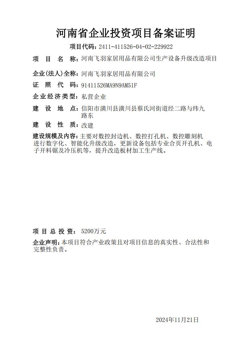 河南飞羽家居用品有限公司生产设备升级改造项目