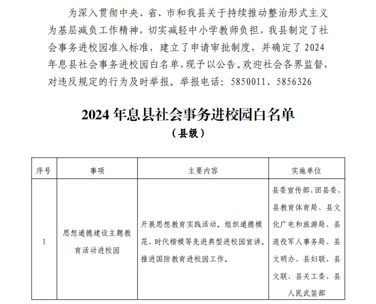 关于公布2024年息县社会事务进校园白名单的公告