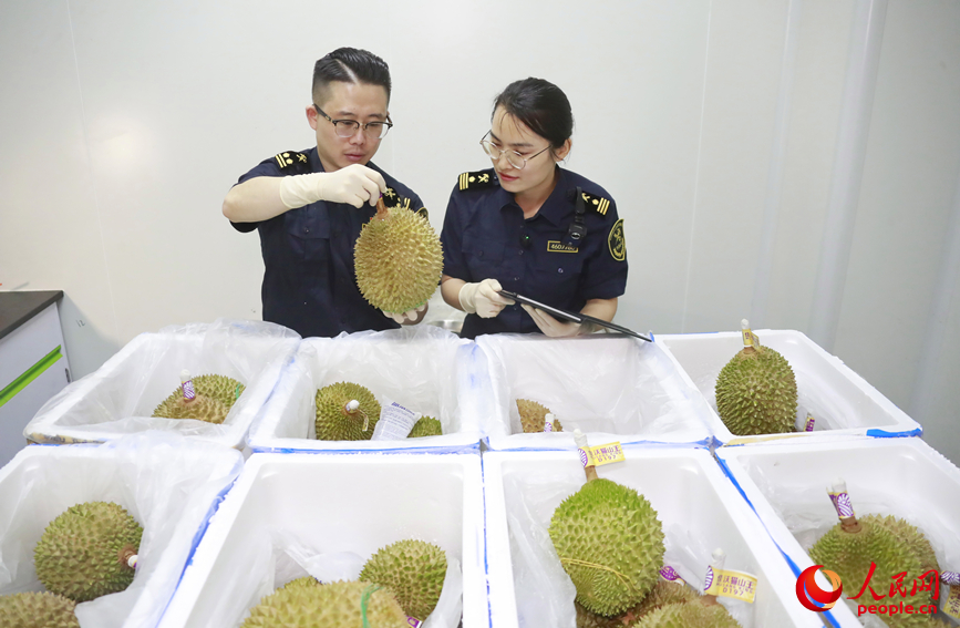 海关工作人员对货物进行查验。人民网 霍亚平摄