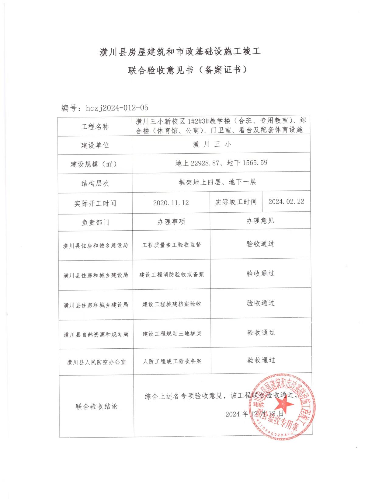 潢川县房屋建筑和市政基础设施工程竣工联合验收意见书(备案证书)项目