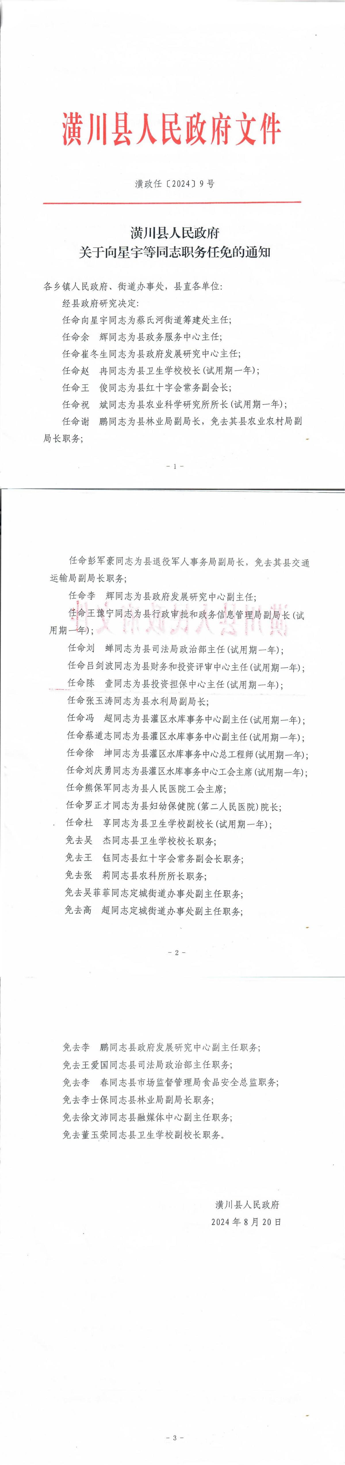潢政任〔2024〕9号潢川县人民政府关于向星宇等同志职务任免的通知