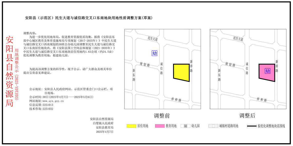 安阳县（示范区）民生大道与诚信路交叉口西南地块用地性质调整公示