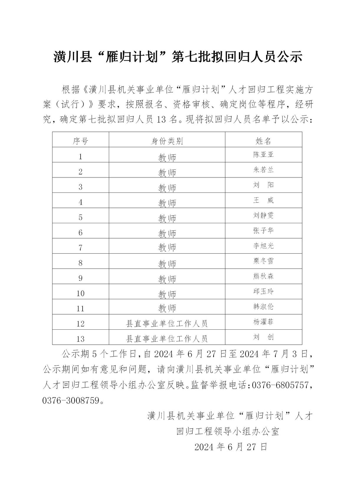 潢川县“雁归计划”第七批拟回归人员公示