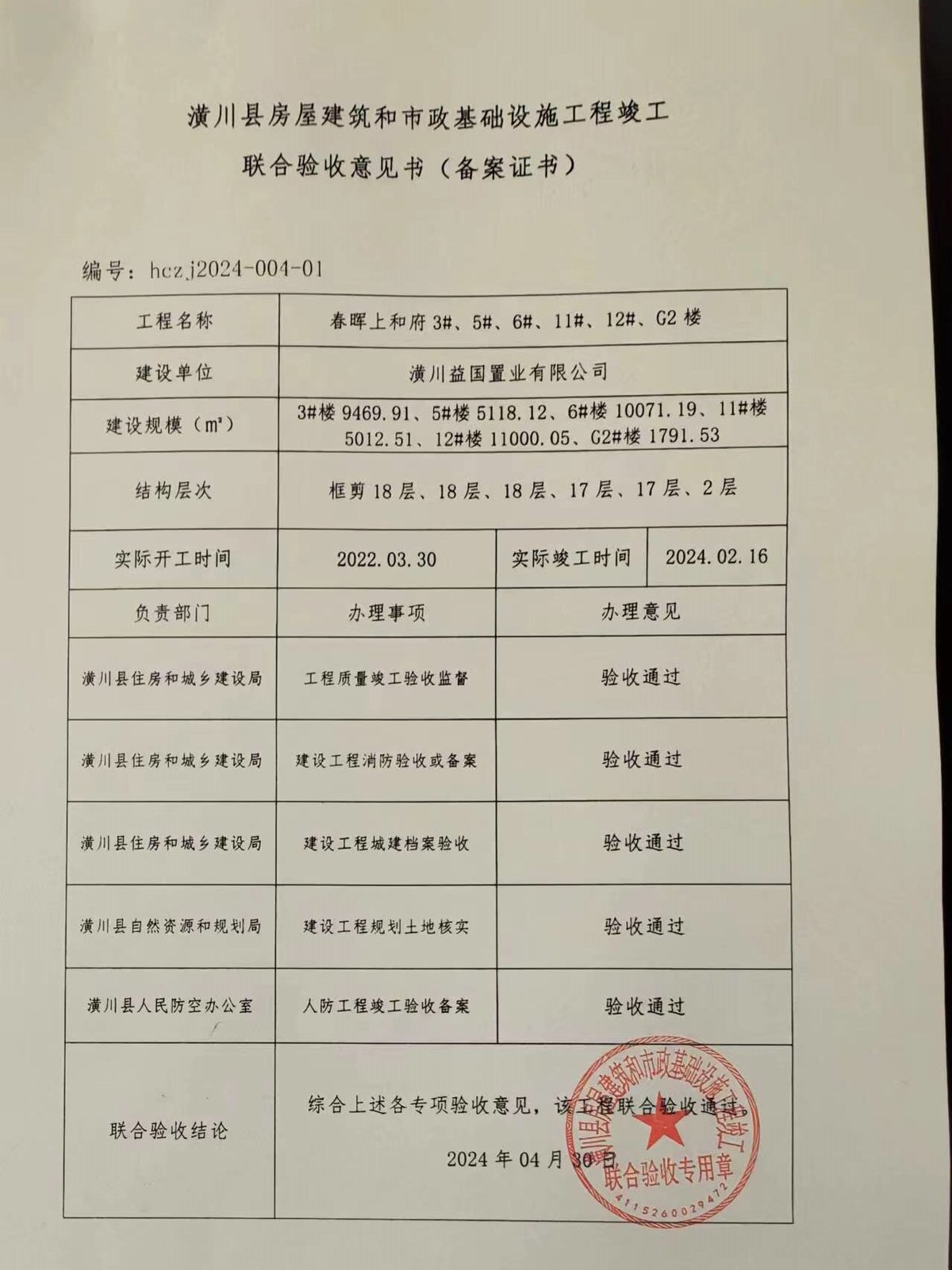 竣工聯(lián)合驗(yàn)收意見書hczj2024—002—01