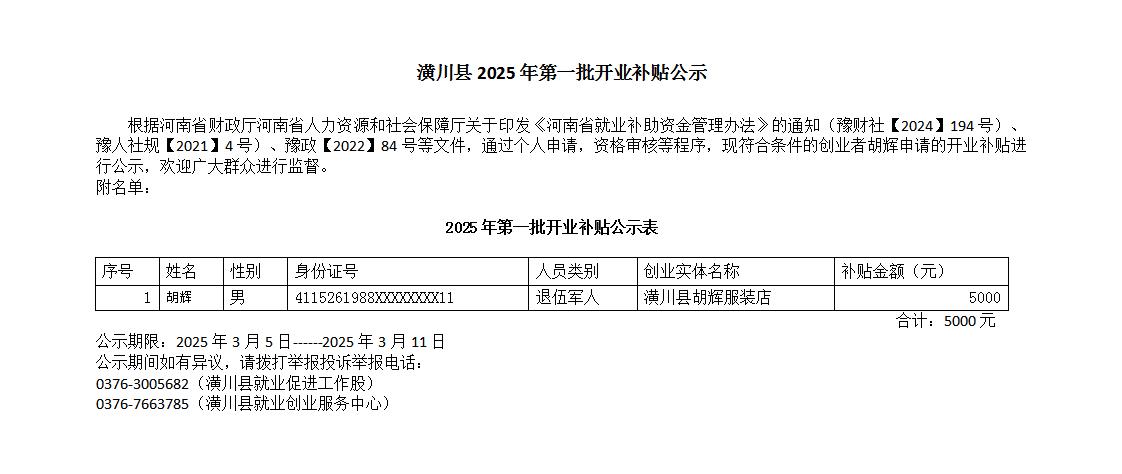 潢川县2025年第一批开业补贴公示