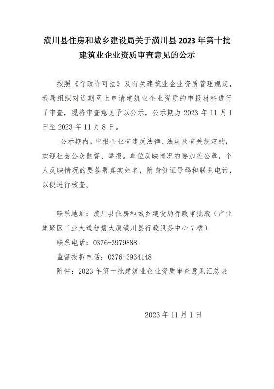 潢川县住房和城乡建设局关于潢川县2023年第十批建筑业企业资质审查意见的公示