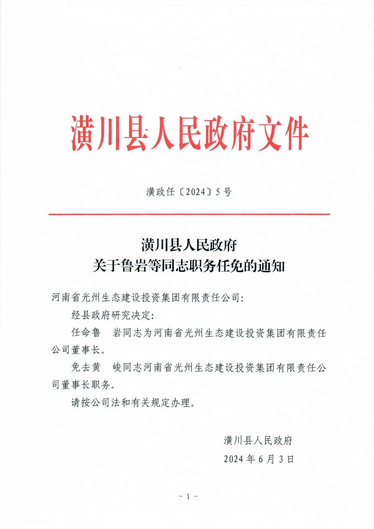 潢政任〔2024〕5号潢川县人民政府关于鲁岩等同志职务任免的通知	