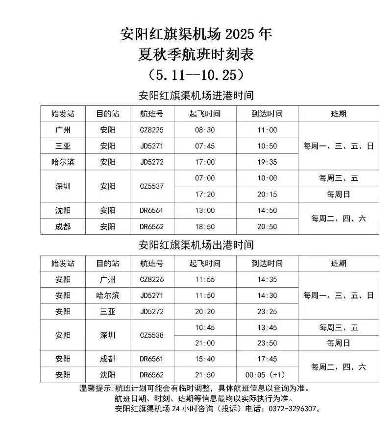 安阳（汤阴）红旗渠机场冬春季航班时刻表调整