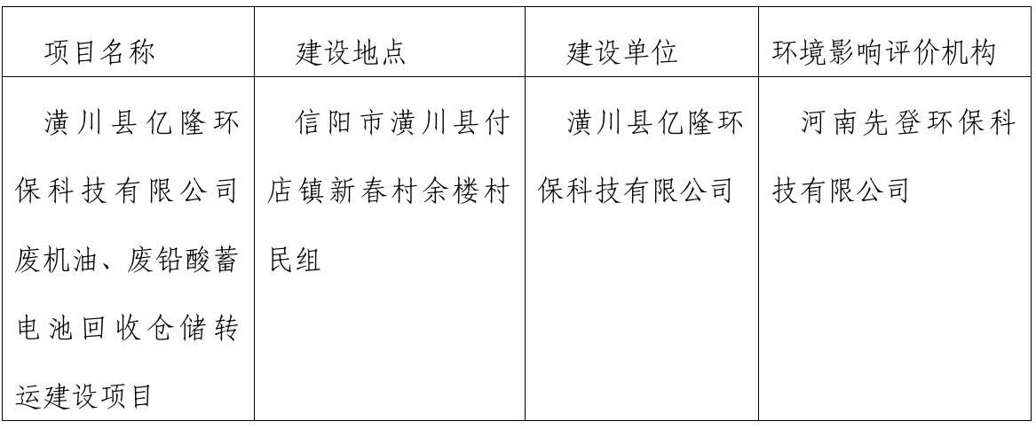 信阳市生态环境局潢川分局关于对2023年1月9日建设项目环境影响评价文件受理情况的公示