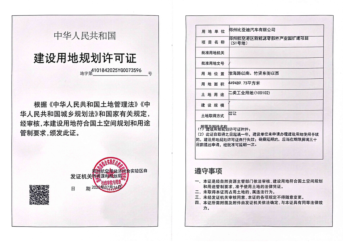 郑州航空港区新能源零部件产业园扩建项目（51号地）建设用地规划许可证批后公告