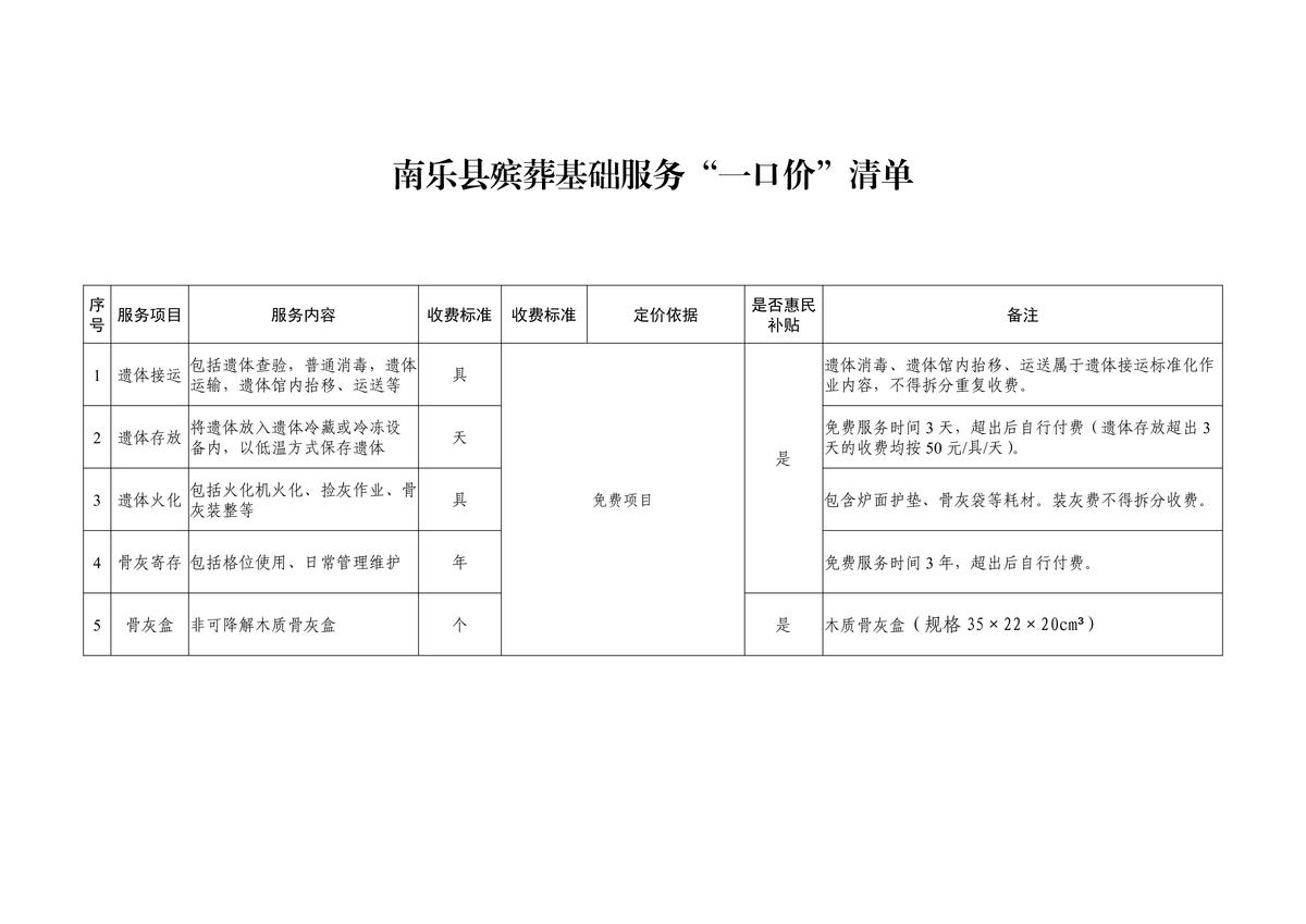 南乐县殡葬基础服务“一口价”清单