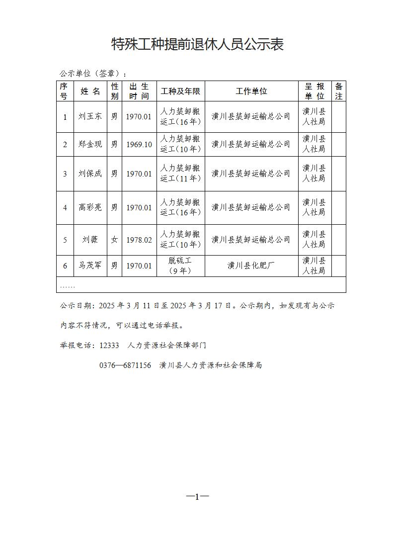 特殊工种提前退休人员公示表