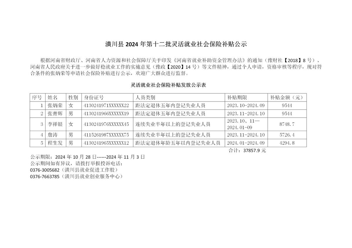 潢川县2024年第十二批灵活就业社会保险补贴公示