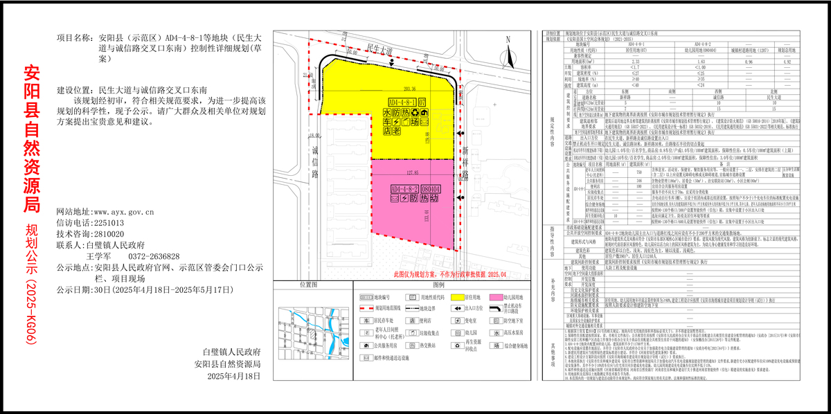 安阳县(示范区)AD4-4-8-1等地块(民生大道与诚信路交叉口东南)控规图公示(草案)