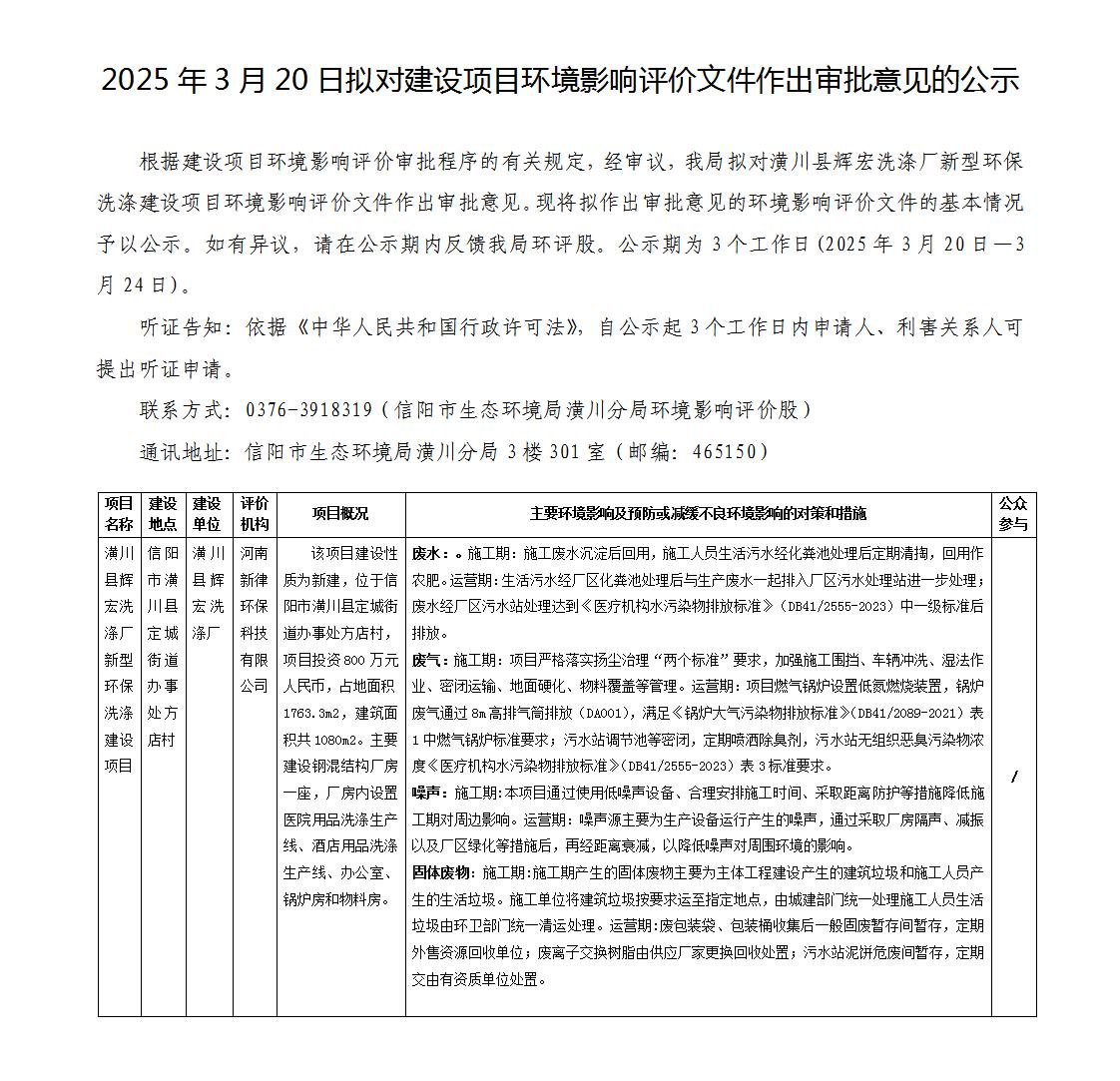 2025年3月20日拟对建设项目环境影响评价文件作出审批意见的公示