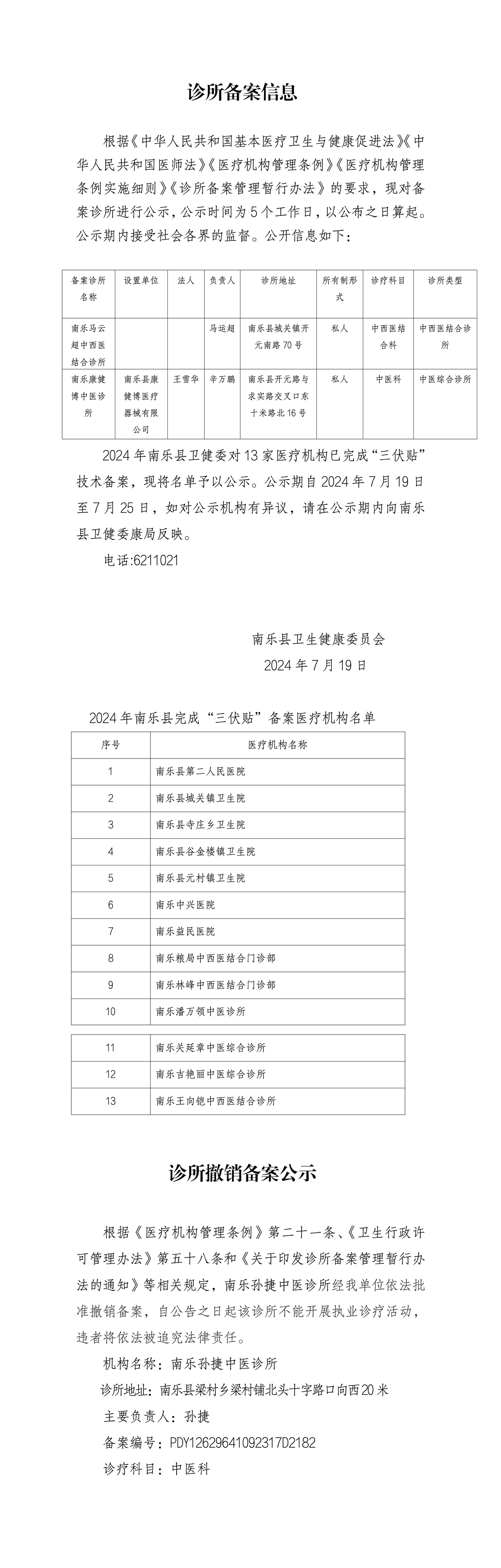 中医诊所备案信息及“三伏贴”备案医疗机构公示