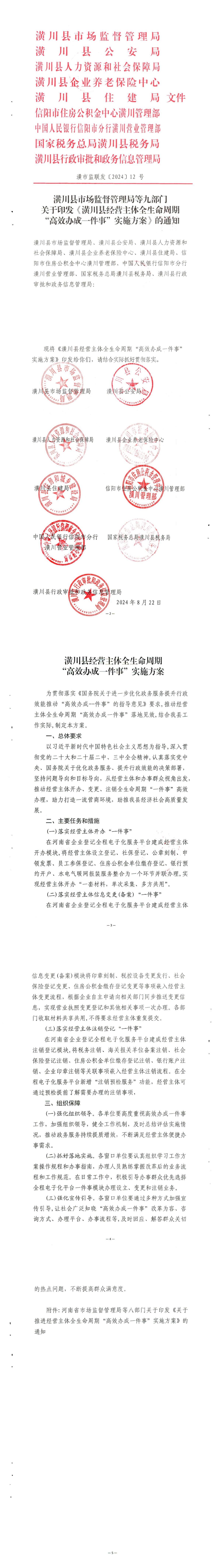 潢川县市场监督管理局等九部门关于印发《潢川县经营主体全生命周期“高效办成一件事”实施方案》的通知