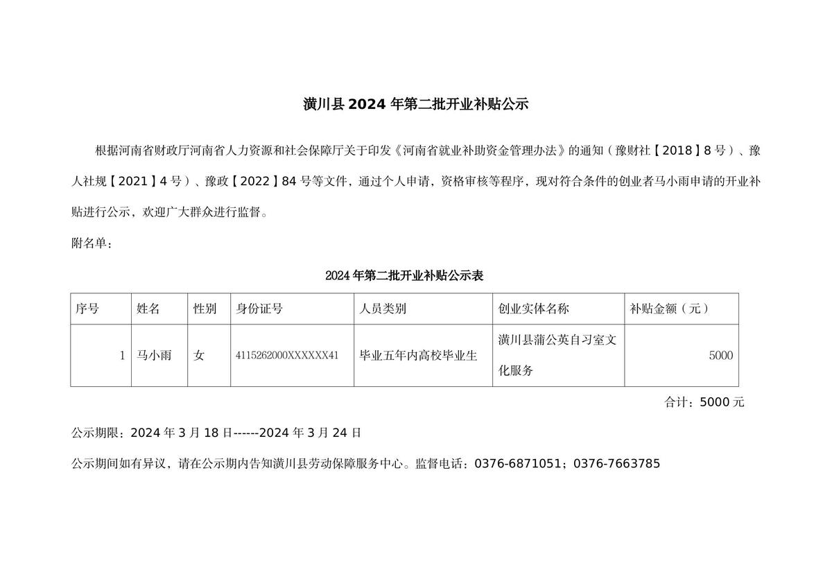 潢川县2024年第二批开业补贴公示