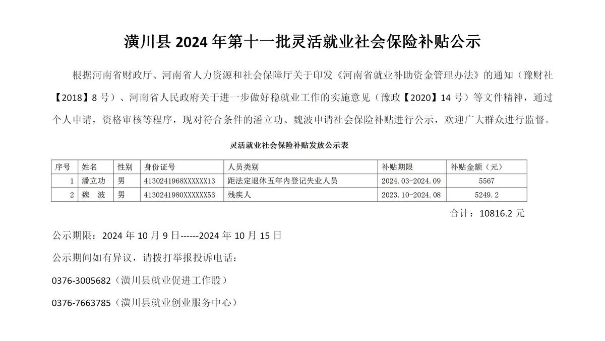 潢川县2024年第十一批灵活就业社会保险补贴公示